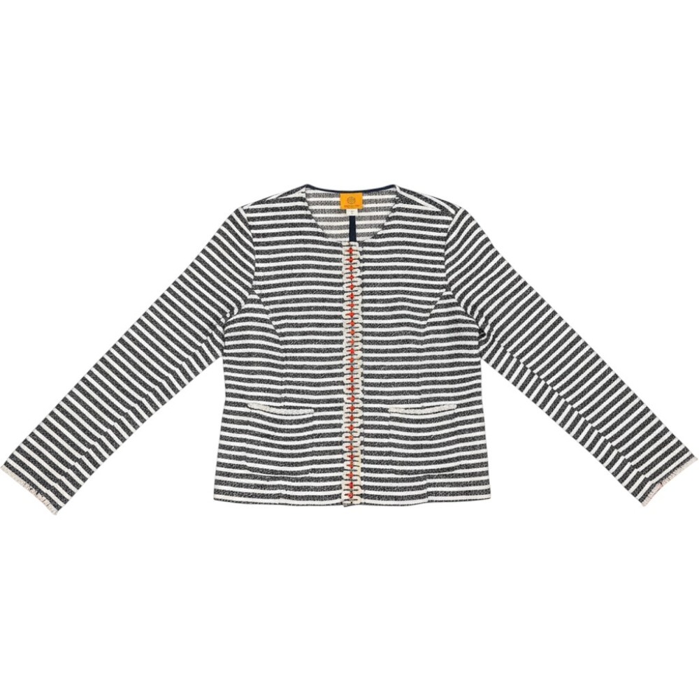 Ruby Rd Jacket Womens 8 Navy White Excellent Striped Frayed Trim Knit Blazer